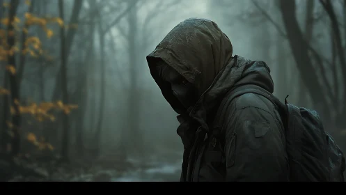 Hooded wanderer stalks fog-drenched postapocalyptic forest.