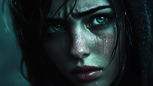 Stormlit gaze of the rain-soaked rebel in teal shadows.