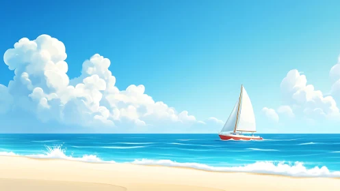 Bright sailboat glides along a calm turquoise summer shoreline