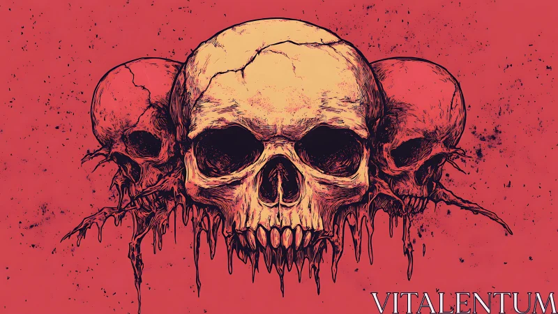 Triptych of bleeding skulls rendered in high-contrast ink detail