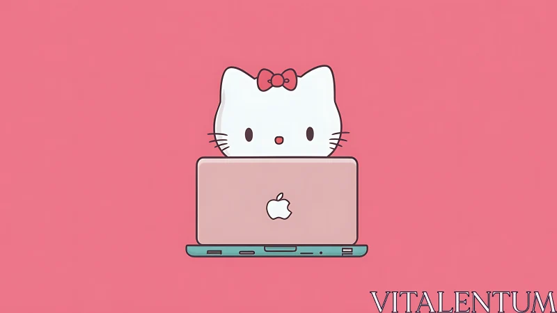 Cartoon white cat with bow using pink laptop on pink background.