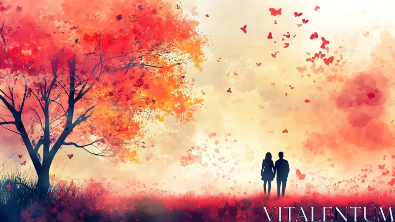 Dual Silhouettes Beneath Chromatic Foliage Canopy with Particulate Dispersal.