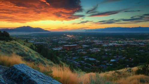 Sunset glow over a lively city cradled by soft hills.