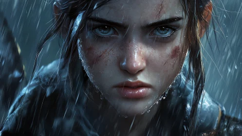 Determined young woman under heavy rain with fierce gaze.