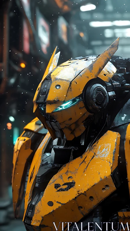 Battle-worn yellow mech under cyberpunk street snowlight.