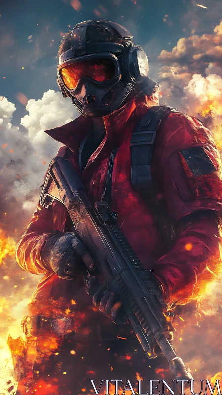 Armored soldier with rifle standing in blazing firestorm.