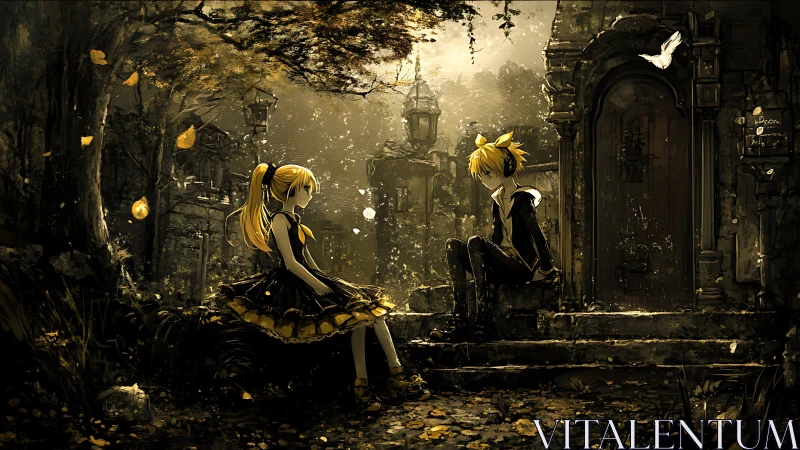 Autumnal anime twins in decaying stone courtyard duskscape.