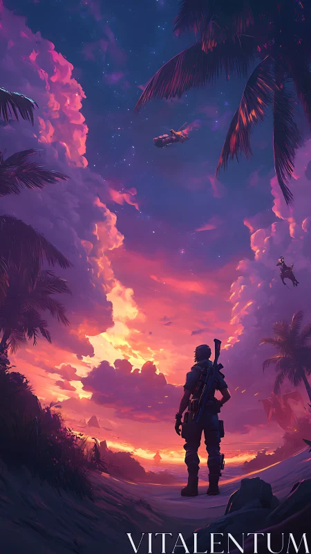 Armed figure on tropical shore under vivid dusk sky.