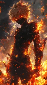 Fierce fire warrior rising from a storm of glowing embers.