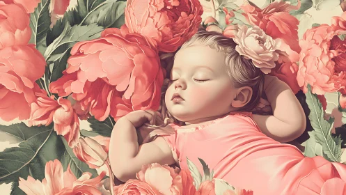 Peaceful Baby Surrounded by Blooming Pink Peonies
