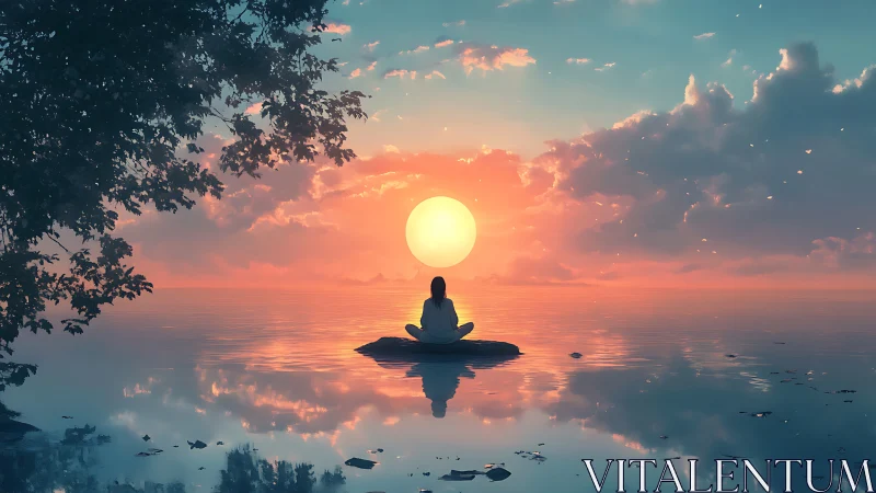 Solitary seated figure before low sun over reflective water.