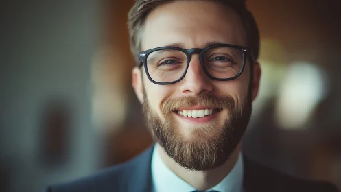 Bearded man in glasses in softly blurred indoor setting.
