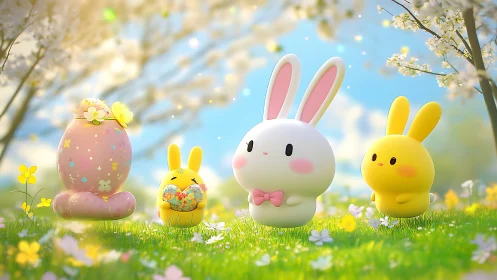 Pastel bunny characters in spring meadow under blossoms.