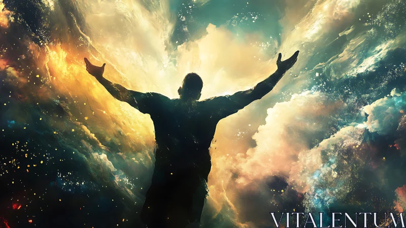 Silhouetted figure surrenders to a swirling cosmic sky