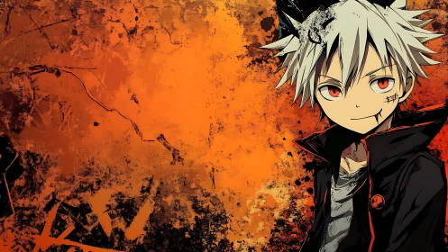 Anime character portrait against distressed orange grunge field.