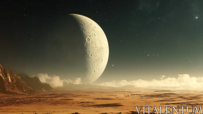 Crescent colossus leans over a tranquil alien desert dusk