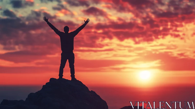 Silhouette stands on rocky peak against low sun and clouded sky