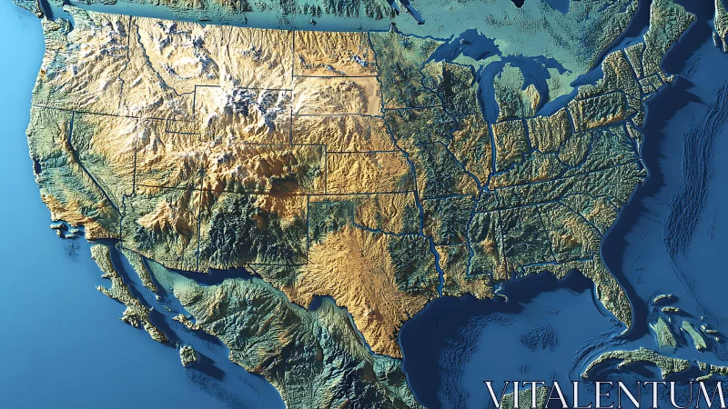 Ridges and rivers sculpt a glowing relief map of the US