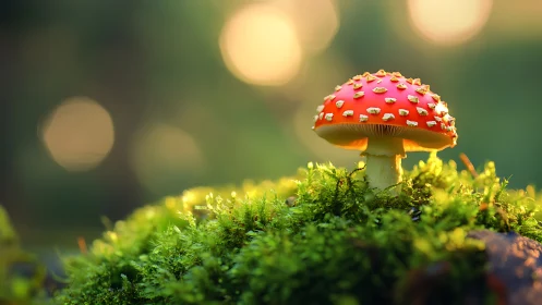 Macro study of red amanita mushroom on luminous moss bed.