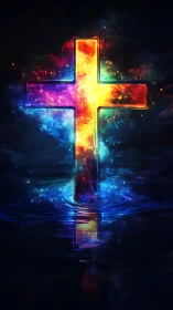 Luminous rainbow cross emerging from rippling dark waters.