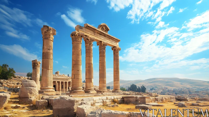 Ancient hilltop temple ruins stand beneath a vivid blue sky.