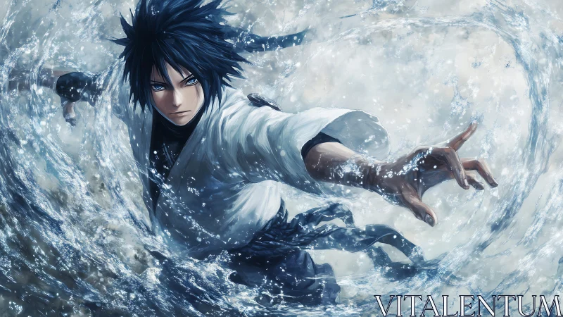 Intense anime warrior controls swirling blue water power.