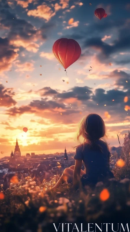 Dreamy city sunset with girl watching heart balloons.