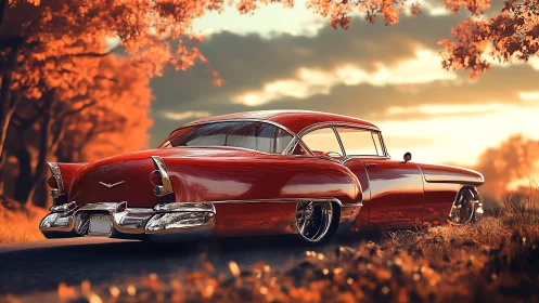 Crimson classic car gliding through a golden autumn glow.