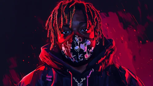 Masked urban portrait glows in neon red and violet light