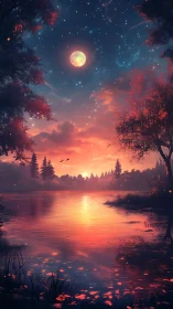 Moonlit lake sunset wrapped in glowing crimson twilight.