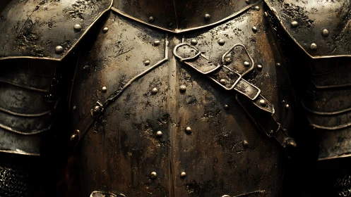 Worn medieval steel chest armor with rivets and straps.