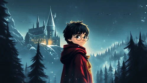 Digital painting of boy wizard before illuminated mountain castle.