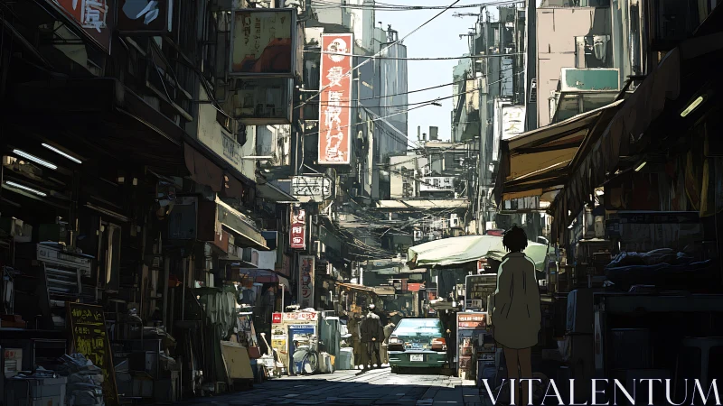 Dense urban alleyway with signage, taxis and lone figure at dusk