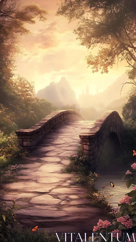 Sunlit stone bridge spans reflective stream in hazy fantasy valley