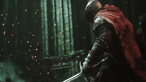 Armored knight under embers in dim gothic cathedral corridor