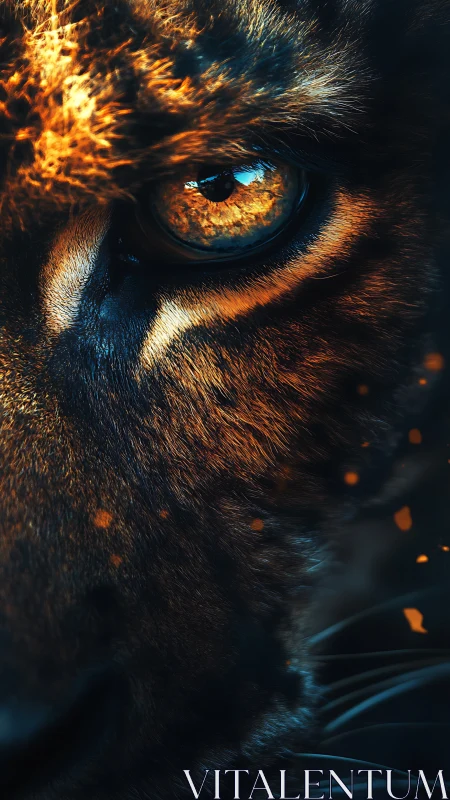 Fiery feline eye glows amid embers and shadowed fur.