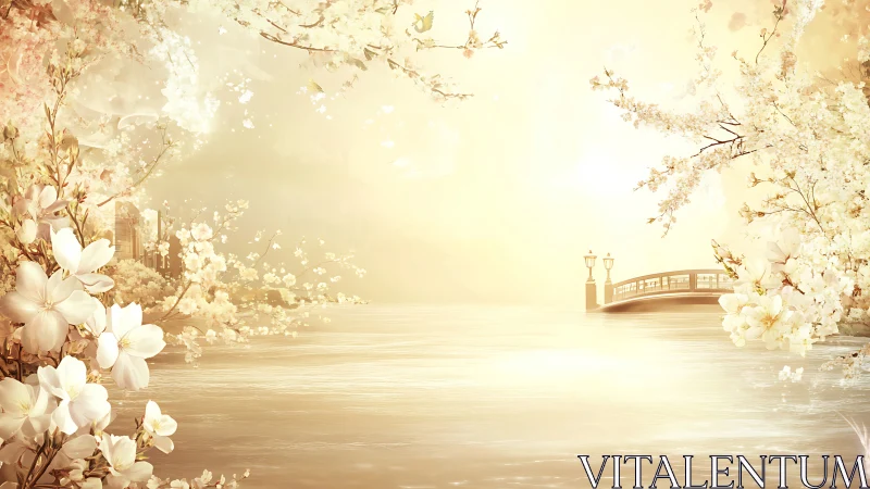 Golden spring riverside bridge bathed in gentle morning light.