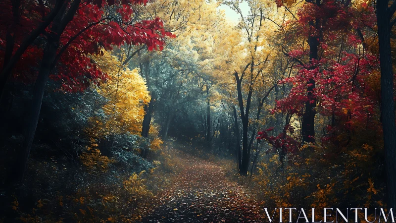 Autumn Forest Path Through Vibrant Fall Foliage.