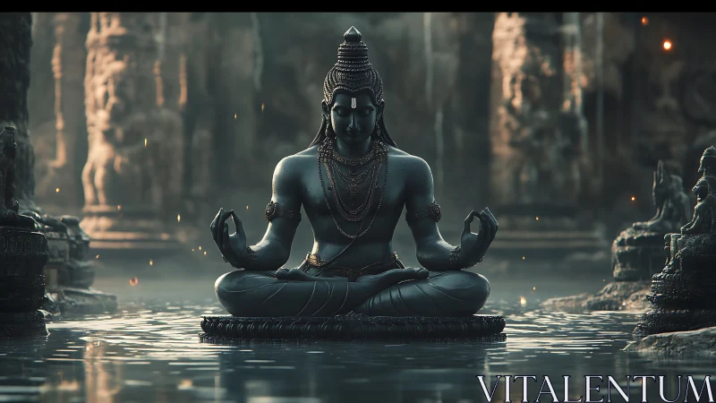 Serene stone deity meditates over reflective temple water