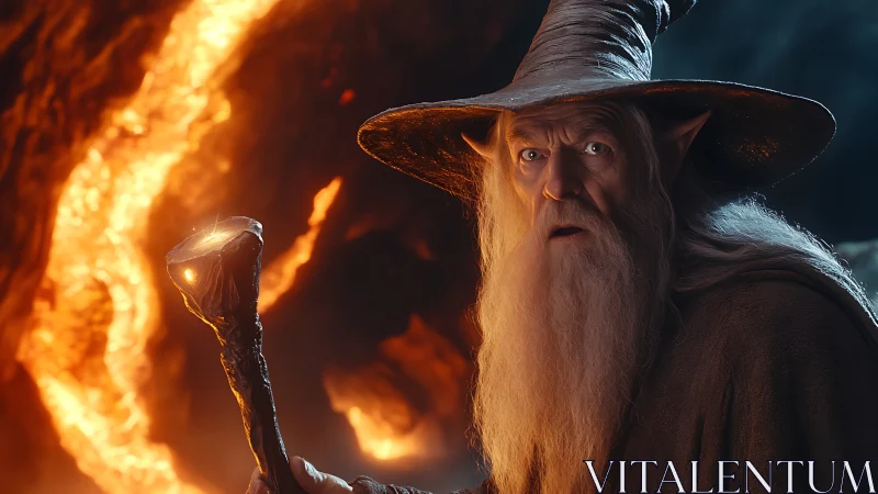 Old wizard with staff in fiery cavern environment.
