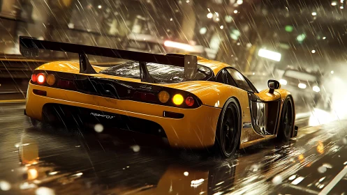 Yellow race car powers through neon city rainstorm night.