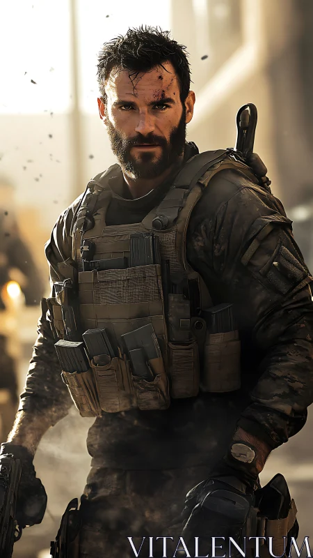 Grizzled urban commando stalks through sunlit battlefield haze