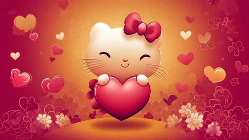 White cat holding red heart surrounded by decorative hearts and flowers