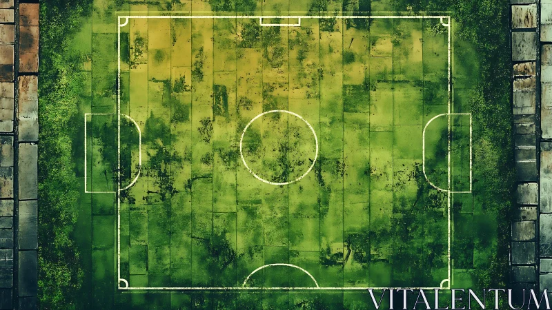 Weathered rooftop football pitch glowing in urban moss.