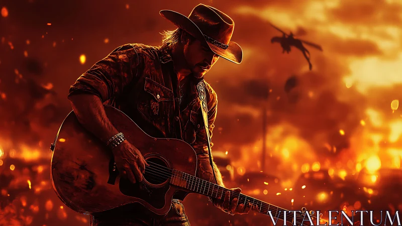 Cowboy guitarist in incendiary cinematic backlit inferno.