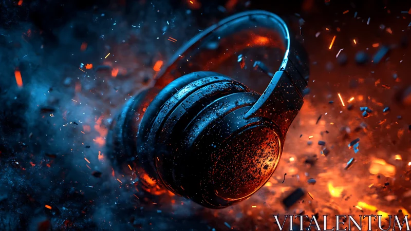 Over-ear headphones suspended amid bokeh sparks and volumetric fire
