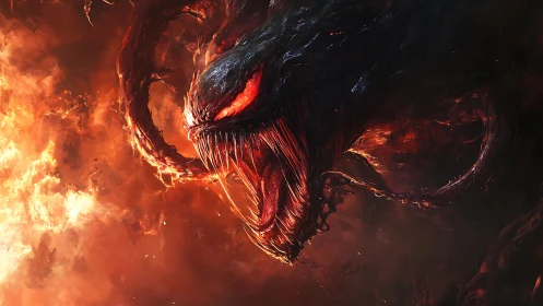 Demonic serpent head lunges from swirling inferno flames.