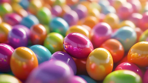 Glossy multicolored eggs grouped in bright closeup scene.