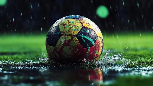 Color-splashed soccer ball dancing through a rainy field.