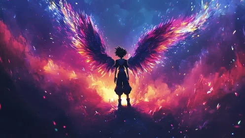 Silhouetted winged figure stands in vivid cosmic clouds